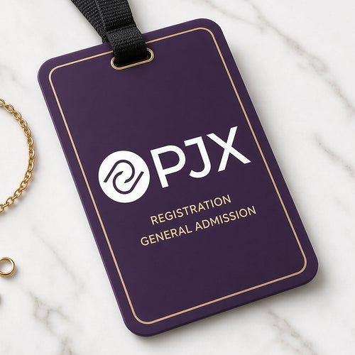 A dark purple PJX general admission registration badge with gold border lines, white logo and text, attached to a black lanyard, photographed on a white marble surface with a gold chain partially visible at the left edge.
